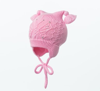 Розовая демисезонная шапочка с 2-мя помпонами-кисточками